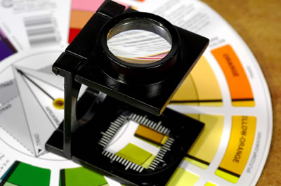 Photograph of printers loupe and colour charts.